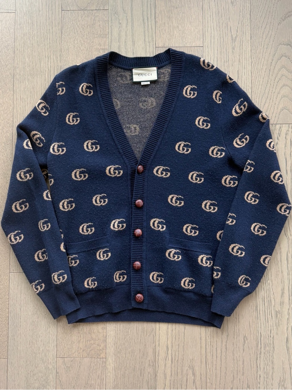 Gucci Navy and Beige 100% Wool GG Logo Cardigan